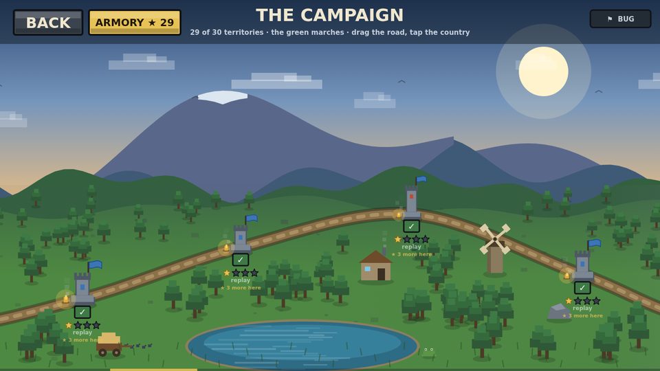 The campaign map: a road across green country with keeps and stars